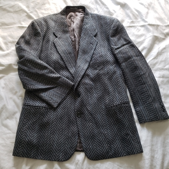 Vintage Ungaro Single Breasted Men's Wool Jacket - Size 43 Reg - Grey Chevron - Picture 1 of 10